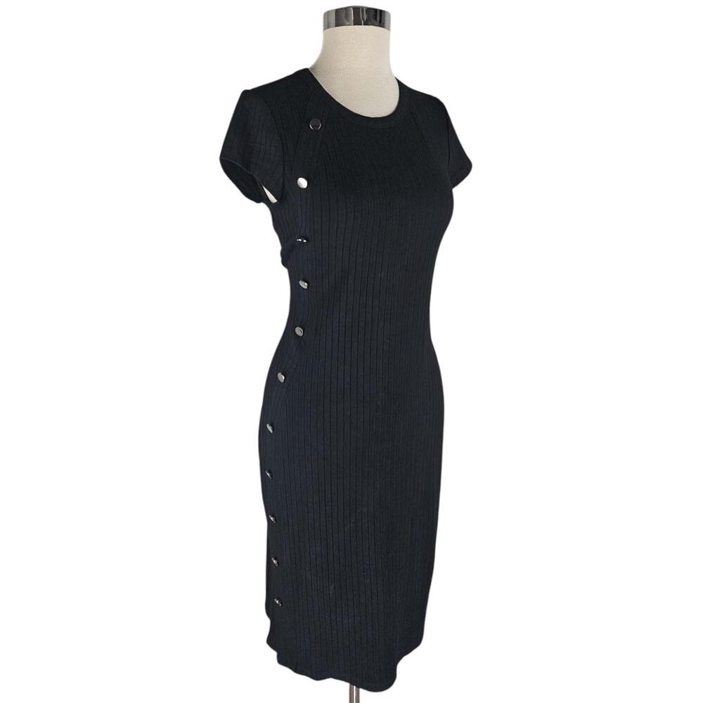 Devotion by Cyrus black ribbed knit midi dress w button side detail, S